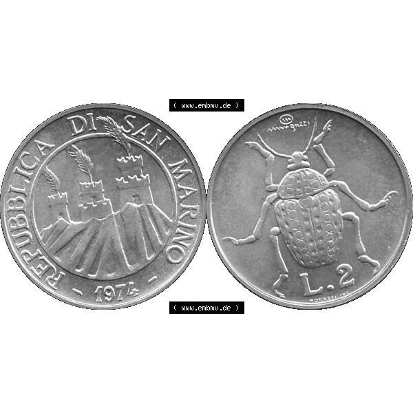 Grau bzw. s/w Bildmaterial Münzensatz / KMS 1974 aus San Marino in Graustufen 1974-1974, 2 Lire, L.2 MINGUZZI MONASSI INC. Graustufen. PNG Computer-Grafik in Graustufen einer... Sammlung Graustufen
