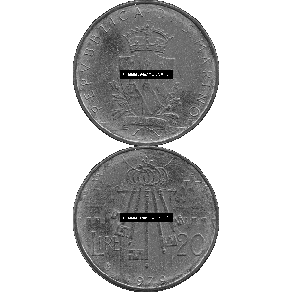 Grau bzw. s/w Bildmaterial Münzensatz / KMS 1979 aus San Marino in Graustufen 1979-1979, 20 Lire, J. V. LIBERTAS REPVBBLICA DI S. MARINO, 1979 20 LIRE Graustufen.... Sammlung Graustufen