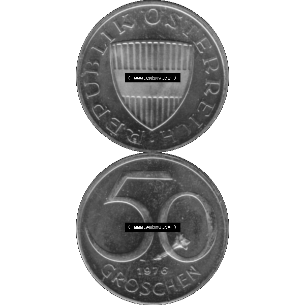 Grau bzw. s/w Alte Münze aus Österreich, in PNG digitalisiert 1959-2001, 50 Groschen 1976-01. Vorderseite und Rückseite vertikal auf einen digitalen Bild der alten österreichischen... Sammlung Graustufen