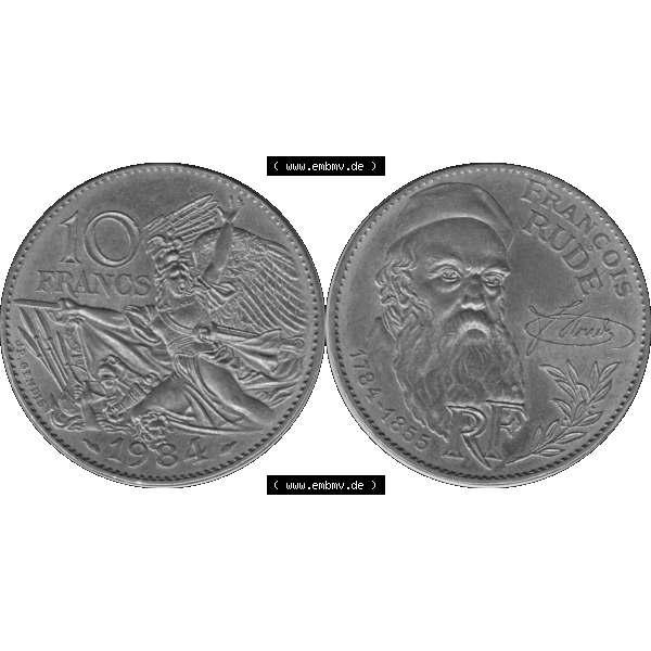 Grau bzw. s/w Münzen Frankreich Umlaufmünze 1984-1984, 10 Francs Francois Rude-01 1984-01. Vorderseite und Rückseite horizontal auf einen digitalen Bild der alten französischen Umlaufmünze... Sammlung Graustufen