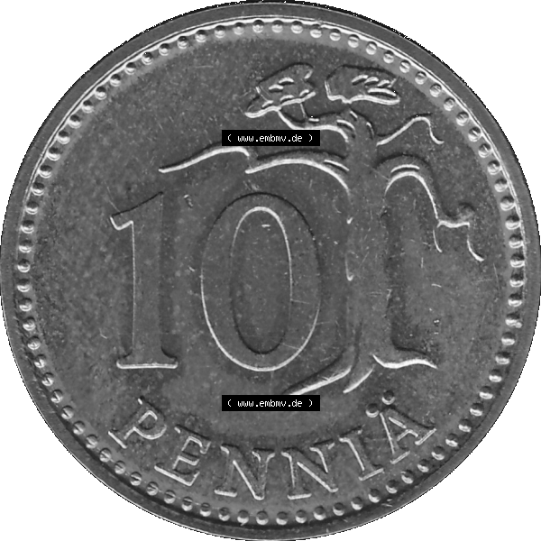 Grau bzw. s/w Alte Münzen KMS Finnland, Kursmünzensatz 1978 in Stempelglanz als digitales Computerbild einer finnischen digitalisierten Münze in transparenten PNG 1963-1982, 10 Penny,... Sammlung Graustufen