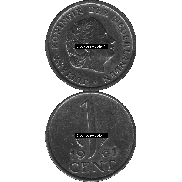 Grau bzw. s/w Alte Münze der Niederlande 1951-1975, in PNG digitalisiert 1950-1980, 1 Cent Königin Juliana 1961-01. Vorderseite und Rückseite vertikal auf einen digitalen Bild der alten... Sammlung Graustufen