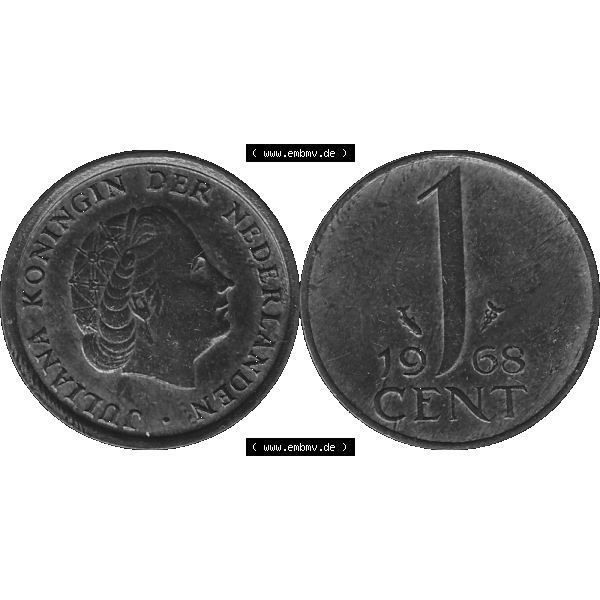 Grau bzw. s/w Alte Münze der Niederlande 1951-1975, in PNG digitalisiert 1950-1980, 1 Cent Königin Juliana 1968-01. Vorderseite und Rückseite horizontal auf einen digitalen Bild der... Sammlung Graustufen