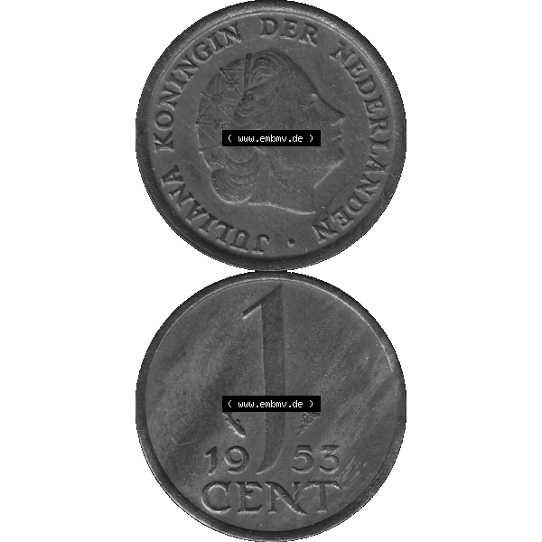 Grau bzw. s/w Alte Münze der Niederlande 1951-1975, in PNG digitalisiert 1950-1980, 1 Cent Königin Juliana 1953-01. Vorderseite und Rückseite vertikal auf einen digitalen Bild der alten... Sammlung Graustufen