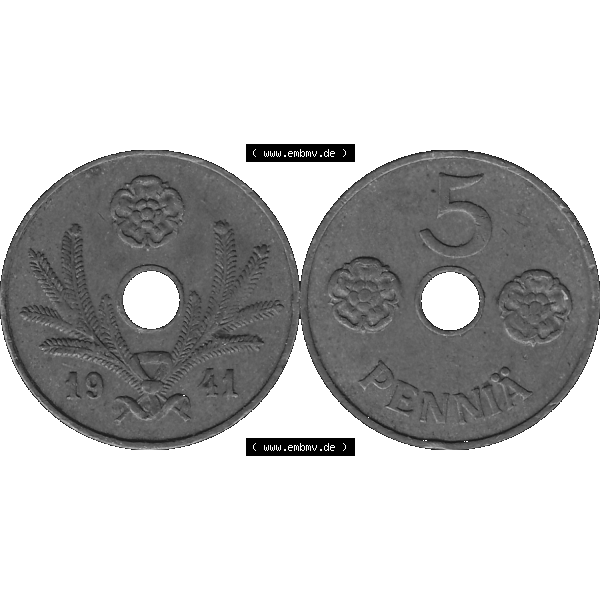 Grau bzw. s/w Alte Münzen KMS Finnland, Kursmünzensatz Finnland in transparenten digitalen PNG-Format 1941-1943, 5 Penny, Penniä, Kupfer 1941-1. Die digitalisierte Münze... Sammlung Graustufen