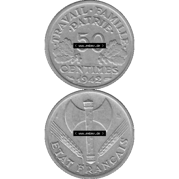 Grau bzw. s/w Münzen Frankreich Umlaufmünze in PNG einer Münze aus Frankreich 1942-1944, 50 Centimes, Cent 1942-01. Vorderseite und Rückseite vertikal auf einen digitalen Bild... Sammlung Graustufen