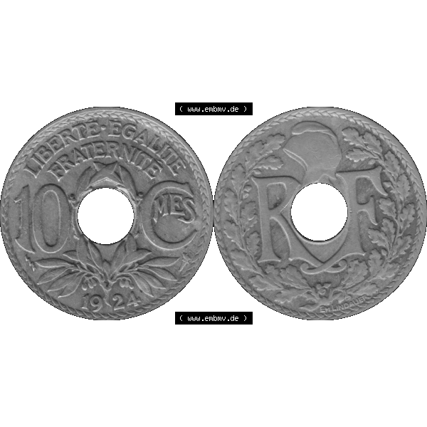 Grau bzw. s/w Münzen Frankreich Umlaufmünze in PNG einer Münze aus Frankreich 1917-1938, 10 Centimes, Cent 1924-01. Vorderseite und Rückseite horizontal auf einen digitalen Bild... Sammlung Graustufen