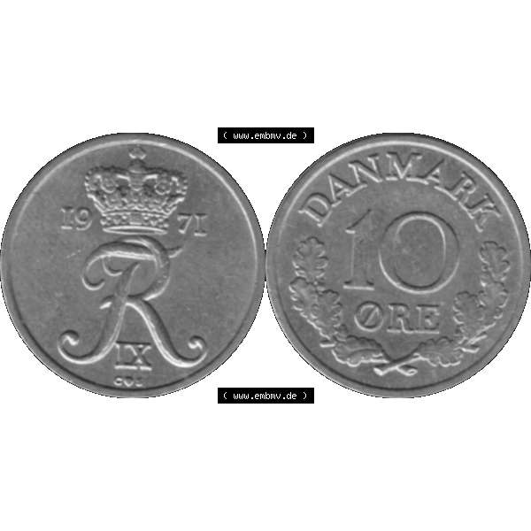 Grau bzw. s/w Alte Münze aus Dänemark als PNG-Grafik 1960-1972, 10 Öre 1971-01. Vorderseite und Rückseite horizontal auf einen digitalen Bild der alten dänischen Umlaufmünze... Sammlung Graustufen