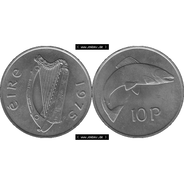 Grau bzw. s/w Bildmaterial einer Münze aus Irland als PNG-Grafik 1969-1986, 10 Pence 1975-01. Digitalisierte Münze aus Irland als transparente PNG-Grafik zum herunterladen. Vorderseite... Sammlung Graustufen