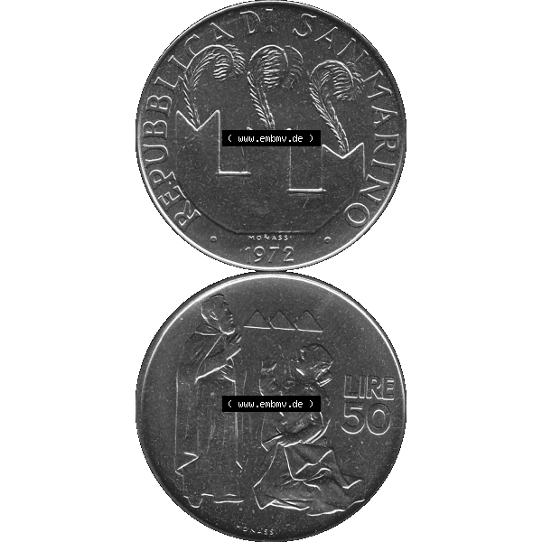 Grau bzw. s/w Bildmaterial Münzensatz / KMS 1972 aus San Marino in Graustufen 1972-1972, 50 Lire, 1972, MONASSI REPUBBLICA DI SAN MARINO 50 LIRE Graustufen. PNG Computer-Grafik in Graustufen-PNG... Sammlung Graustufen