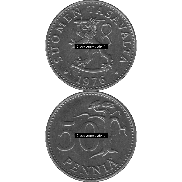 Grau bzw. s/w Alte Münzen KMS Finnland, Kursmünzensatz 1976 in Stempelglanz als digitales Computerbild in transparenten PNG 1963-1990, 50 Penny Penniä 1976-1, SUOMEN TASAVALTA.... Sammlung Graustufen