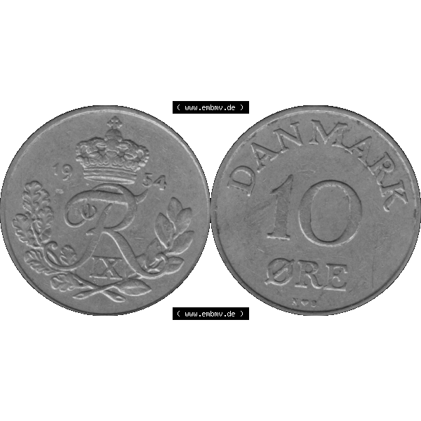 Grau bzw. s/w Alte Münze aus Dänemark als PNG-Grafik 1948-1960, 10 Öre 1954-01. Vorderseite und Rückseite horizontal auf einen digitalen Bild der alten dänischen Umlaufmünze... Sammlung Graustufen