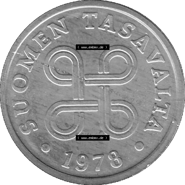 Grau bzw. s/w Alte Münzen KMS Finnland, Kursmünzensatz 1978 in Stempelglanz als digitales Computerbild einer finnischen digitalisierten Münze in transparenten PNG 1977-1990, 5 Penny,... Sammlung Graustufen