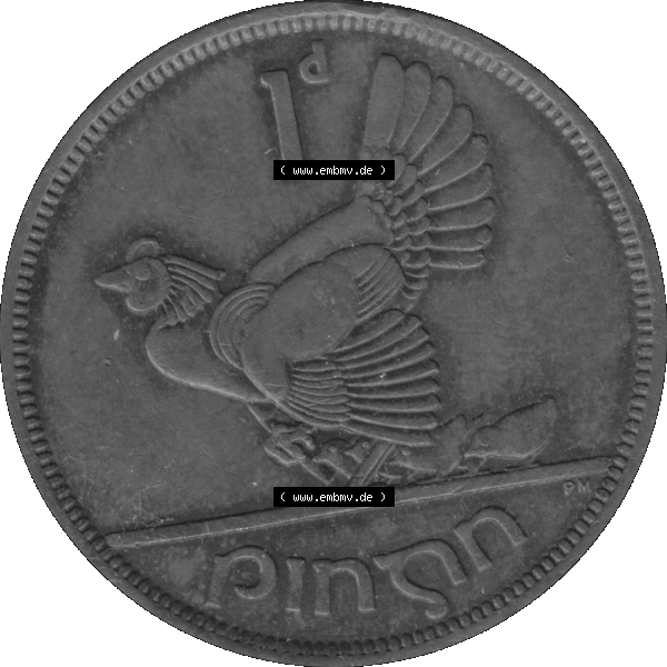 Grau bzw. s/w Bildmaterial einer Münze aus Irland als PNG-Grafik 1940-1968, 1 Penny 1964-01. Digitalisierte Münze aus Irland als transparente PNG-Grafik zum herunterladen. Rückseite... Sammlung Graustufen