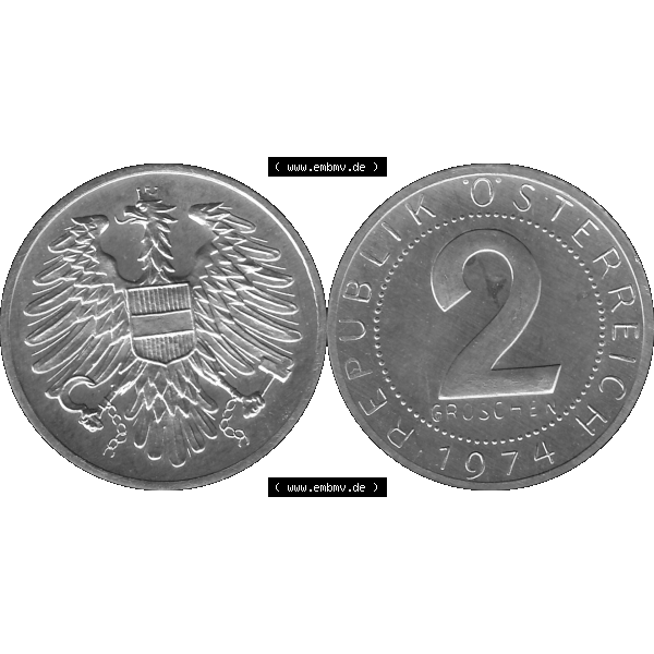 Grau bzw. s/w Alte Münze aus KMS Österreich, Kursmünzensatz 1974 in PP 1950-1994, 2 Groschen 1974-01. Vorderseite und Rückseite horizontal auf einen digitalen Bild der alten österreichischen... Sammlung Graustufen