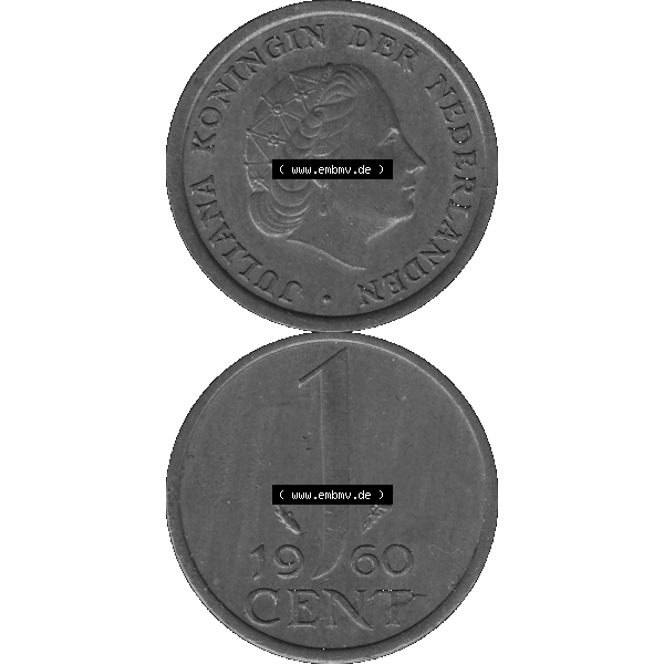 Grau bzw. s/w Alte Münze der Niederlande 1951-1975, in PNG digitalisiert 1950-1980, 1 Cent Königin Juliana 1960-01. Vorderseite und Rückseite vertikal auf einen digitalen Bild der alten... Sammlung Graustufen