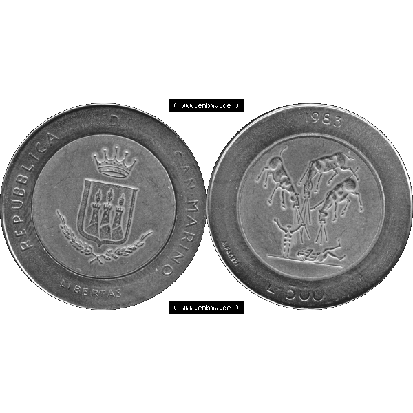 Grau bzw. s/w Gedenkmünzen aus San Marino, in PNG 1983-1983, 500 Lire Bedrohung durch einen Atomkrieg 1983-01. Vorderseite und Rückseite horizontal auf einen digitalen Bild der alten Gedenkmünze... Sammlung Graustufen