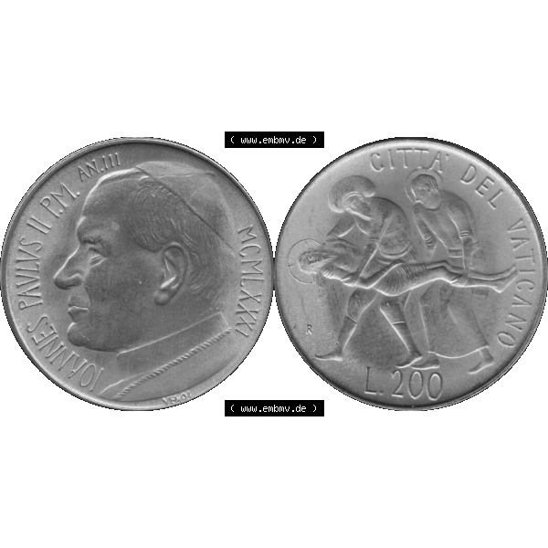 Grau bzw. s/w Alte Münze aus der Vatikanstadt / Vatikan als PNG-Grafik 1981-1981, 200 Lire Papst Johannes Paul II 1981-01. Vorderseite und Rückseite horizontal auf einen digitalen Bild der... Sammlung Graustufen