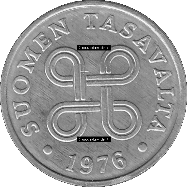 Grau bzw. s/w Alte Münzen KMS Finnland, Kursmünzensatz 1976 in Stempelglanz als digitales Computerbild in transparenten PNG 1969-1979, 1 Penny, Penni 1976-1, SUOMEN TASAVALTA.... Sammlung Graustufen