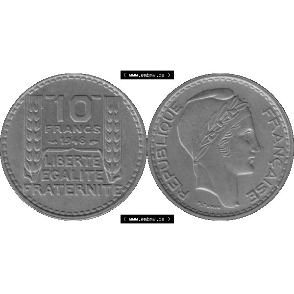 Grau bzw. s/w Münzen Frankreich Umlaufmünze in PNG einer Münze aus Frankreich 1947-1949, 10 Francs, Franken 1948-01. Vorderseite und Rückseite horizontal auf einen digitalen Bild... Sammlung Graustufen