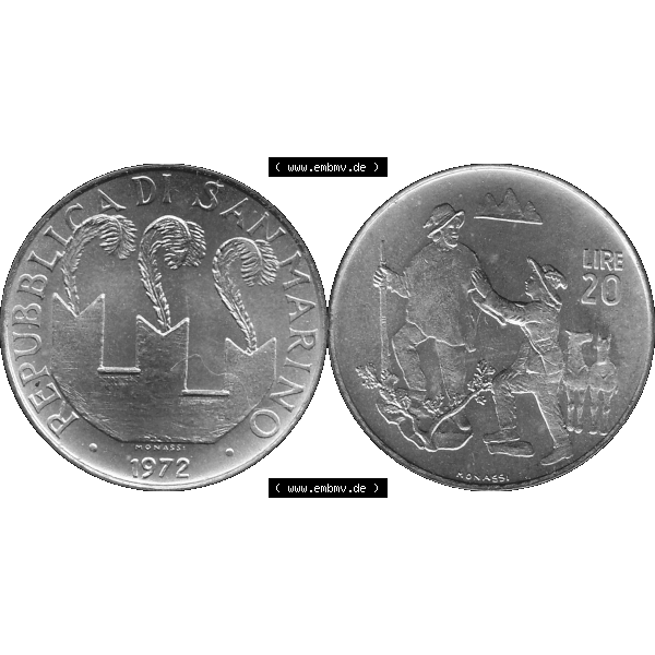 Grau bzw. s/w Bildmaterial Münzensatz / KMS 1972 aus San Marino in Graustufen 1972-1972, 20 Lire, 1972, MONASSI REPUBBLICA DI SAN MARINO Graustufen. PNG Computer-Grafik in Graustufen... Sammlung Graustufen