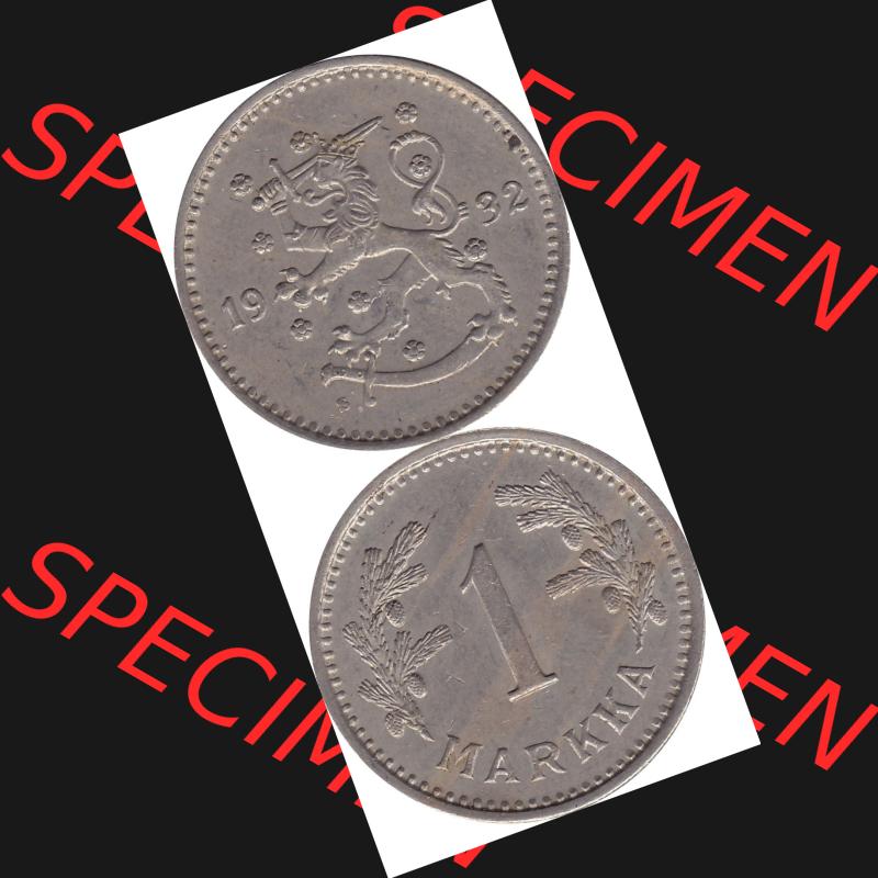 Alte Münzen KMS Finnland, Kursmünzensatz Pro-Version als JPG-Bild einer finnischen Münze Design 1928-1940, 1 finnische Mark, Markka 1932 (8). Etwas bessere... Sammlung