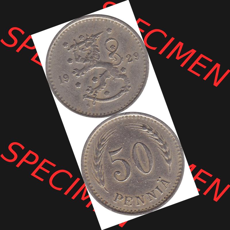 Alte Münzen KMS Finnland, Kursmünzensatz Pro-Version als JPG-Bild einer finnischen Münze Design 1921-1940, 50 Penny, Penniä 1929 (8). Etwas bessere... Sammlung