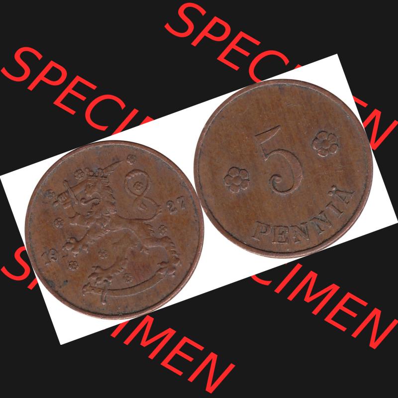 Alte Münzen KMS Finnland, Kursmünzensatz Pro-Version als JPG-Bild einer finnischen Münze Design 1918-1940, 5 Penny, Penniä 1927 (7). Etwas bessere... Sammlung