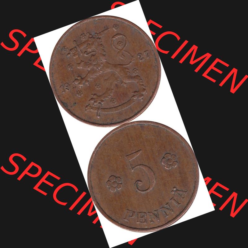 Alte Münzen KMS Finnland, Kursmünzensatz Pro-Version als JPG-Bild einer finnischen Münze Design 1918-1940, 5 Penny, Penniä 1927 (8). Etwas bessere... Sammlung