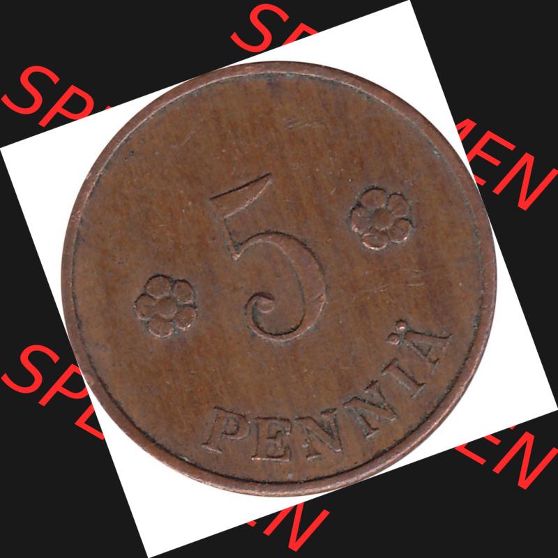 Alte Münzen KMS Finnland, Kursmünzensatz Pro-Version als JPG-Bild einer finnischen Münze Design 1918-1940, 5 Penny, Penniä 1927 (6). Etwas bessere... Sammlung