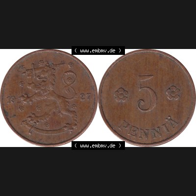 Alte Münzen KMS Finnland, Kursmünzensatz Pro-Version als JPG-Bild einer finnischen Münze Design 1918-1940, 5 Penny, Penniä 1927 (7). Etwas bessere... Sammlung