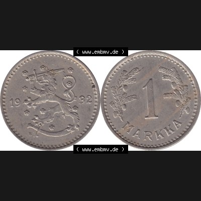 Alte Münzen KMS Finnland, Kursmünzensatz Pro-Version als JPG-Bild einer finnischen Münze Design 1928-1940, 1 finnische Mark, Markka 1932 (7). Etwas bessere... Sammlung