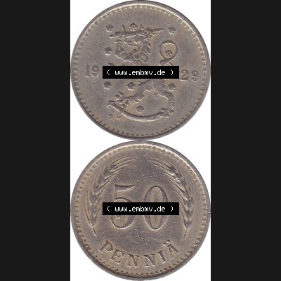 Alte Münzen KMS Finnland, Kursmünzensatz Pro-Version als JPG-Bild einer finnischen Münze Design 1921-1940, 50 Penny, Penniä 1929 (8). Etwas bessere... Sammlung