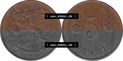 KMS Finnland, Kursmünzensatz Pro-Version als JPG-Bild einer finnischen Münze Design 1918-1940, 5 Penny, Penniä 1927 (7) Sammlung