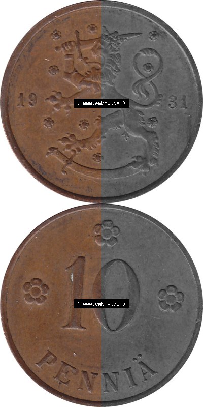 KMS Finnland, Kursmünzensatz Pro-Version als JPG-Bild einer finnischen Münze Design 1919-1940, 10 Penny, Penniä 1931 (8) Sammlung