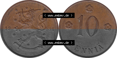 KMS Finnland, Kursmünzensatz Pro-Version als JPG-Bild einer finnischen Münze Design 1919-1940, 10 Penny, Penniä 1931 (7) Sammlung