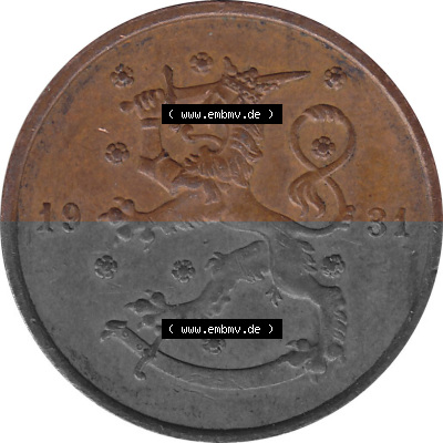 KMS Finnland, Kursmünzensatz Pro-Version als JPG-Bild einer finnischen Münze Design 1919-1940, 10 Penny, Penniä 1931 (5) Sammlung