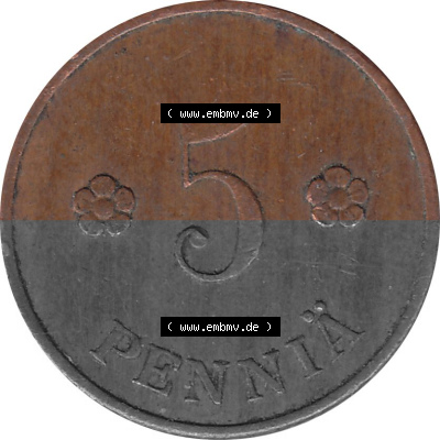 KMS Finnland, Kursmünzensatz Pro-Version als JPG-Bild einer finnischen Münze Design 1918-1940, 5 Penny, Penniä 1927 (6) Sammlung