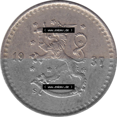 KMS Finnland, Kursmünzensatz Pro-Version als JPG-Bild einer finnischen Münze Design 1921-1940, 25 Penny, Penniä 1937 (5) Sammlung