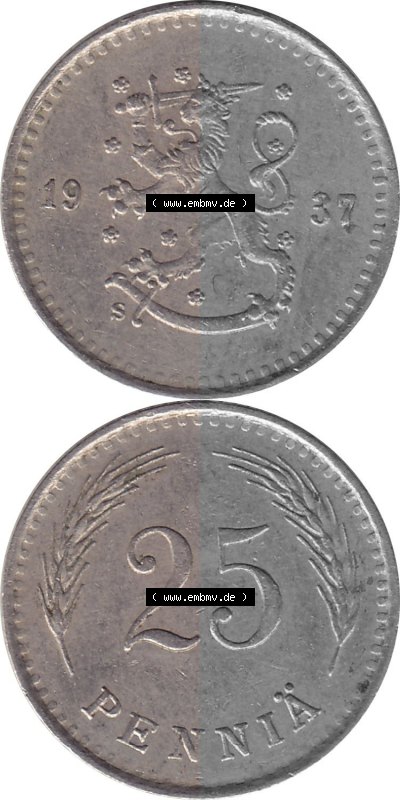 KMS Finnland, Kursmünzensatz Pro-Version als JPG-Bild einer finnischen Münze Design 1921-1940, 25 Penny, Penniä 1937 (8) Sammlung