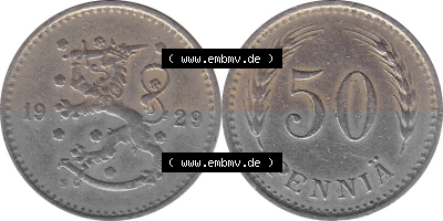 KMS Finnland, Kursmünzensatz Pro-Version als JPG-Bild einer finnischen Münze Design 1921-1940, 50 Penny, Penniä 1929 (7) Sammlung
