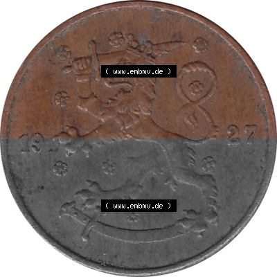 KMS Finnland, Kursmünzensatz Pro-Version als JPG-Bild einer finnischen Münze Design 1918-1940, 5 Penny, Penniä 1927 (5) Sammlung