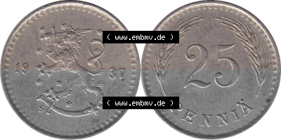 KMS Finnland, Kursmünzensatz Pro-Version als JPG-Bild einer finnischen Münze Design 1921-1940, 25 Penny, Penniä 1937 (7) Sammlung