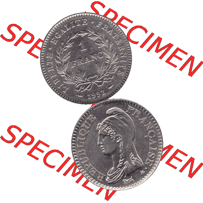 Münzen Frankreich Umlaufmünze 1992-1992, 1 Francs Liberty Freiheitsgöttin 1992-01. Vorderseite und Rückseite vertikal auf einen digitalen Bild der alten französischen... Sammlung