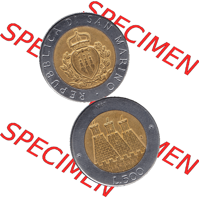Gedenkmünzen aus San Marino, in PNG 1987-1987, 500 Lire 15. Jahrestag - Wiederaufnahme der Münzenprägung 1987-01. Vorderseite und Rückseite vertikal auf einen... Sammlung