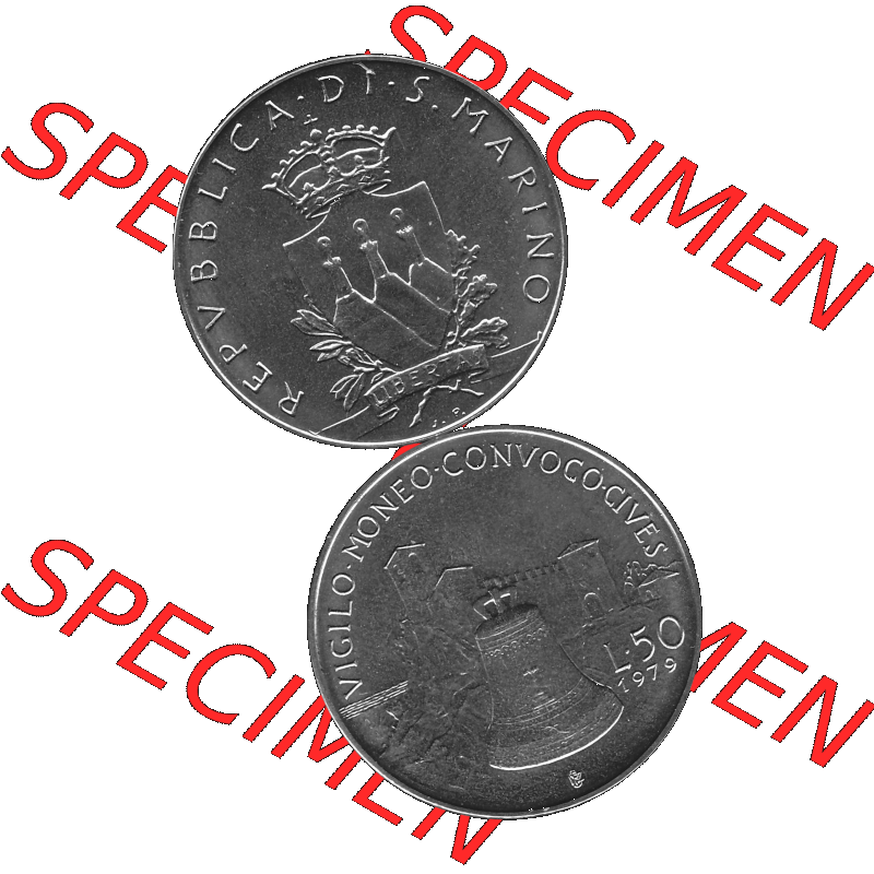 Bildmaterial Münzensatz / KMS 1979 aus San Marino in Graustufen 1979-1979, 50 Lire, J.P. LIBERTAS REPVBBLICA DI S. MARINO, L.50 VIGILO MONEO CONVOCO... Sammlung