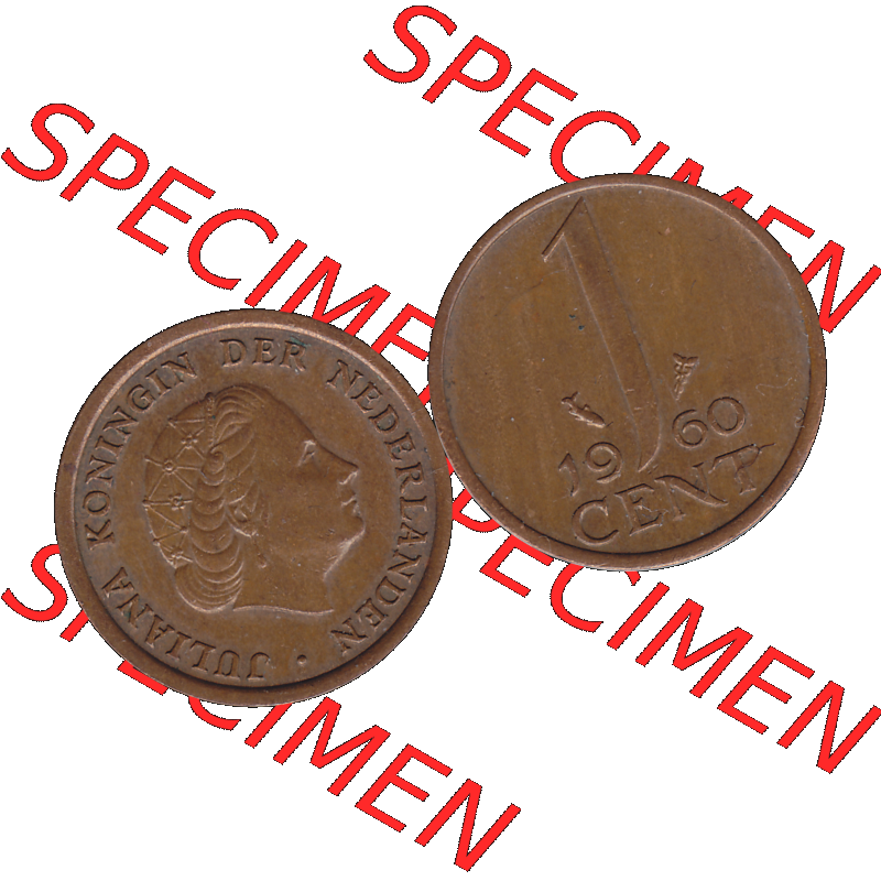 Alte Münze der Niederlande 1951-1975, in PNG digitalisiert 1950-1980, 1 Cent Königin Juliana 1960-01. Vorderseite und Rückseite horizontal auf einen digitalen Bild der... Sammlung