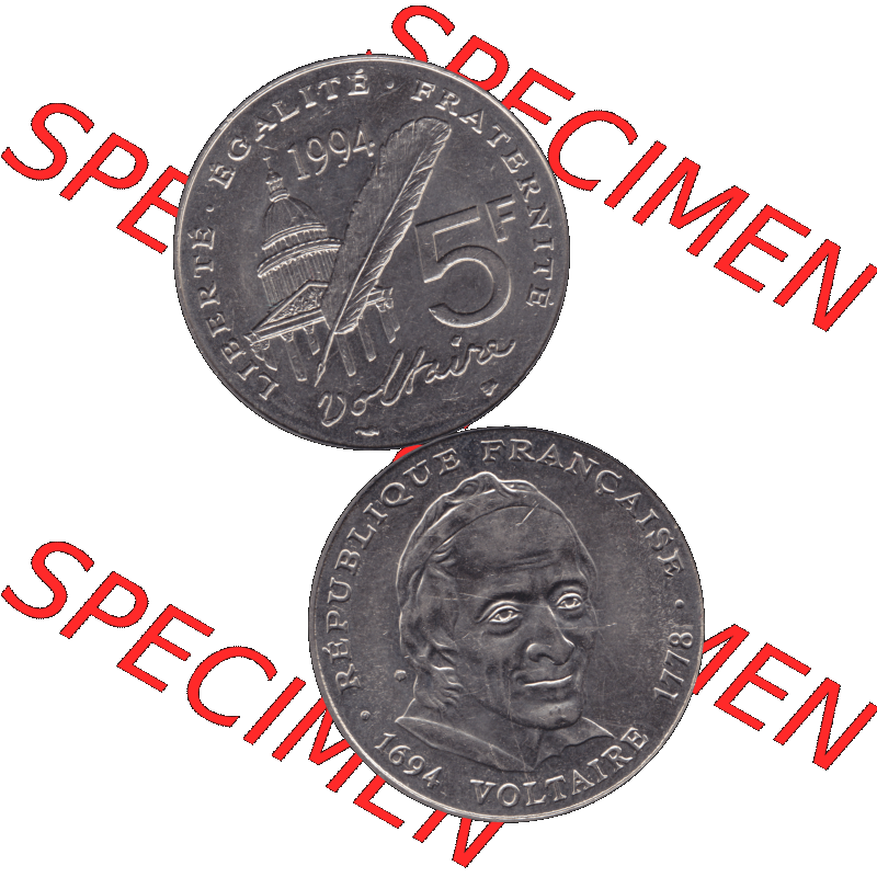 Münzen Frankreich Umlaufmünze 1994-1994, 5 Francs Liberte Egalite Fraternite 1994-01. Vorderseite und Rückseite vertikal auf einen digitalen Bild der alten französischen... Sammlung