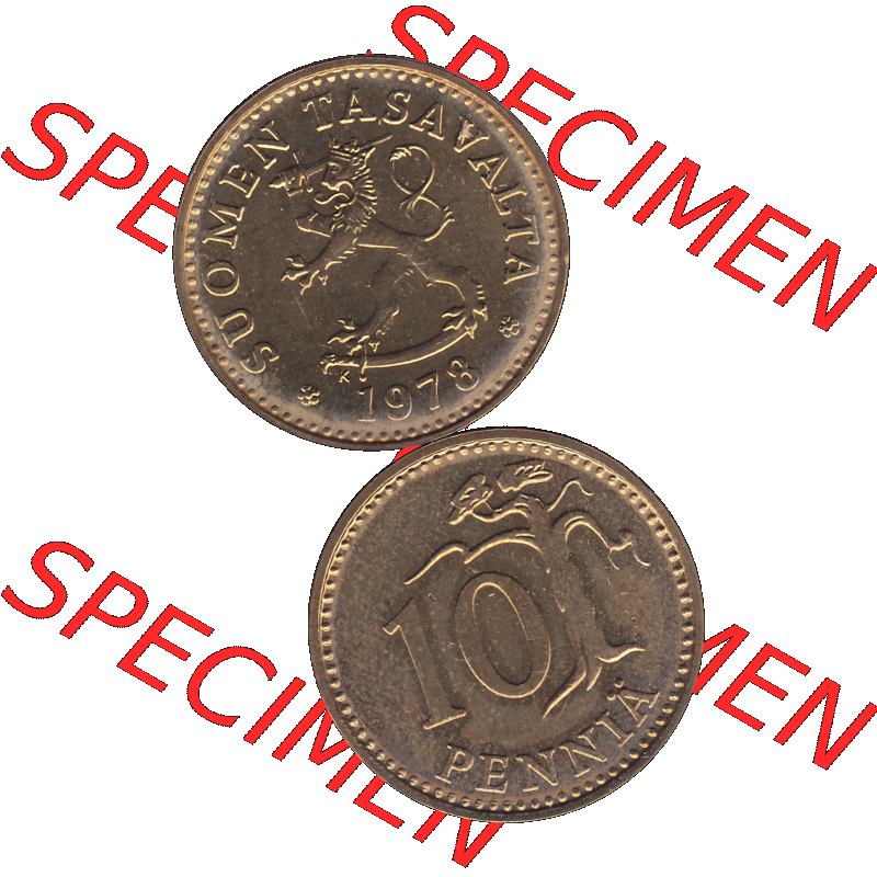 Alte Münzen KMS Finnland, Kursmünzensatz 1978 in Stempelglanz als digitales Computerbild einer finnischen digitalisierten Münze in transparenten PNG 1963-1982, 10 Penny,... Sammlung