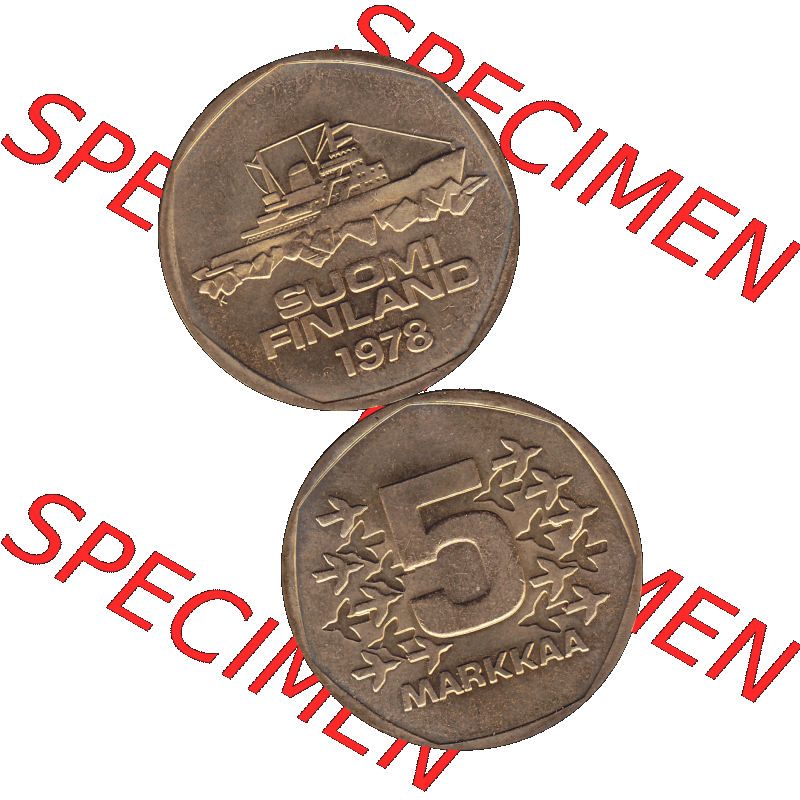 Alte Münzen KMS Finnland, Kursmünzensatz 1978 in Stempelglanz als digitales Computerbild einer finnischen digitalisierten Münze in transparenten PNG 1972-1978, 5 finnische Mark,... Sammlung